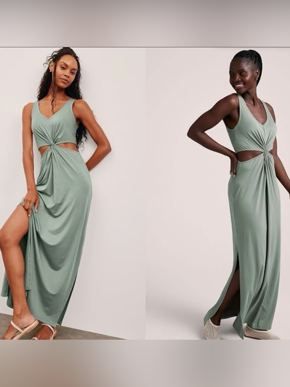 Beyond Yoga "Around The World" Front Twist Maxi Dress, in Serene Sage